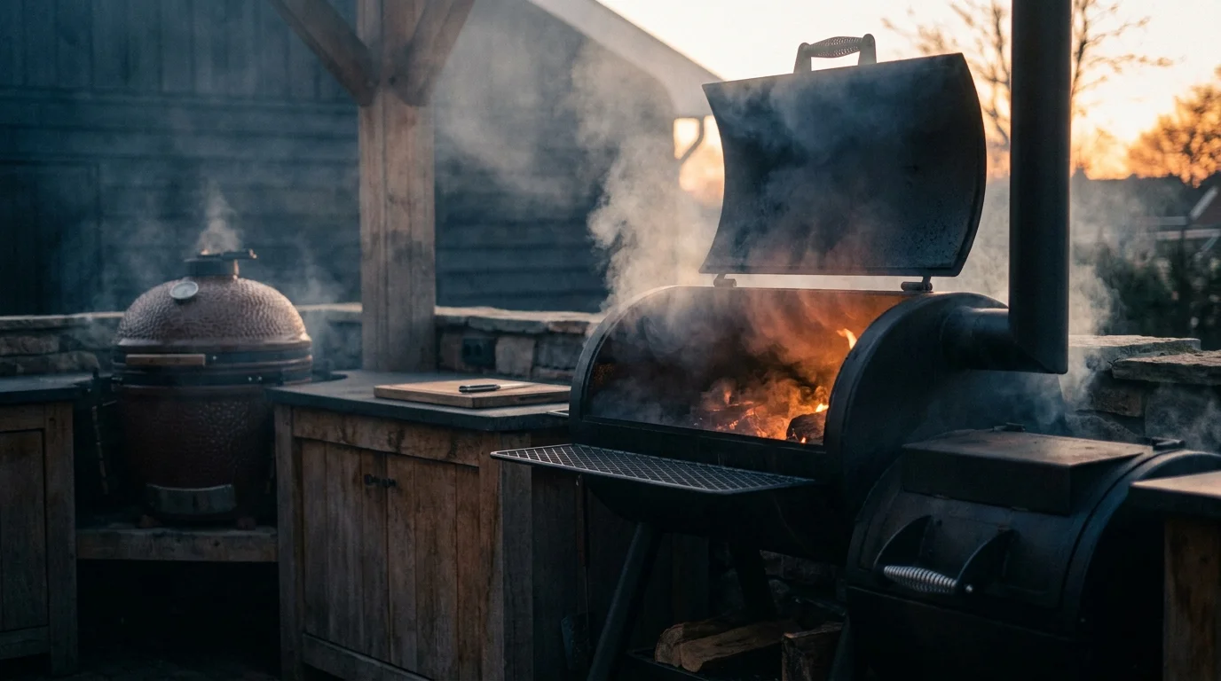 A grill with flames and smoke in a backyard cookout